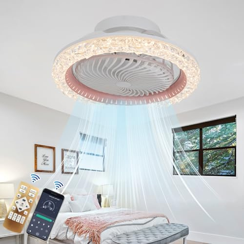 AQLEDY Silenzioso Ventola Soffitto con Luce e Telecomando Rotante a 360°, Cristallo Lampada Ventilatore 6 Velocità Reversibile, Dimmerabile Plafoniera con Ventilatore con Timer per Cameretta-Pink