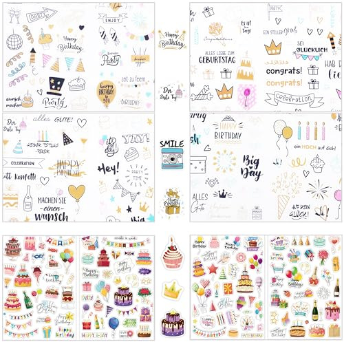 Sticker Geburtstag (352 Motive), 8 Bögen Aufkleber für Gästebuch & Fotoalbum, Selbstklebende Geburtstagssticker für Erwachsene & Kinder