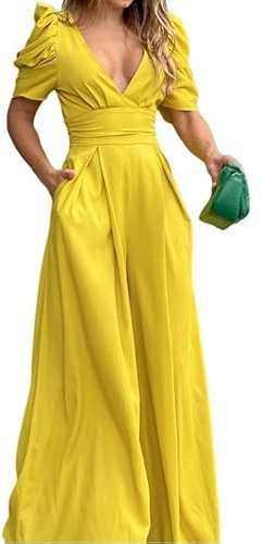 KIJSKKOPO Tute E Tute Corte da Donna da Sera, Nere Semplici con Scollo A V, Maniche Corte A Sbuffo, Schiena Scoperta Sexy, Papillon, Pantaloni A Gamba Larga, Tuta Elegante, vestibilità Attillata, F