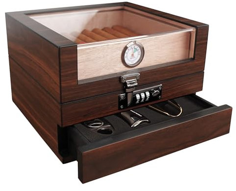 TUTUNES & Wudytim Cave à cigare, fabriquée à la main, boîte à cigares en cèdre espagnol à 270 ° avec système d'humidification facile, hygromètre numérique précis