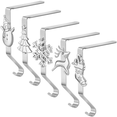 Aodaer 5 Stück Weihnachtsstrumpfhalterhaken Metall Kaminstrumpfhalter 5 verschiedene Muster dekorative Regal-Kamin-Weihnachtsstrumpfclips für Weihnachtsfeierbedarf
