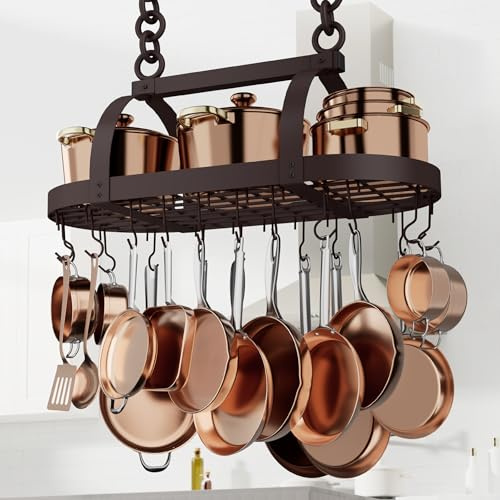 KES 85x39cm Ölbronze Topfhalter Pfannenhalter Hängeregal Küche Topfregal Deckenregal Hängend Küchenregal Deckenregal Küchenorganisation Pfannen Topf Organizer mit 20 Abnehmbaren Haken, KUR221S85-OB