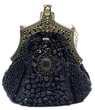 CORIOS Vintage 1920s Abendtasche Damen Floral Clutch Tasche Handgemachte Perle Handtasche Elegante Schultertasche Kette Umhängetasche Klein Tasche für Hochzeit Abschlussball Bankett-Party Schwarz
