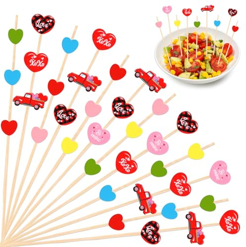 OOTSR 100 Palillos de Cóctel para Día de San Valentín, 12,5cm Pinchos Decorativos Cócteles de Corazón, Brochetas de Bambú Picks para Fruta Aperitivos Fiestas Bebidas Decoración