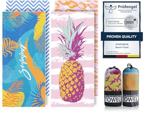 Microfibre Beach Towels for Adults - 200x90cm 2 Pack Extra Large Beach Towels in Gift Boxed, 250 GSM, Sand Free, Lightweight & Quick Dry Beach Towel for Swim, Travel and Gym(Word & Pineapple)