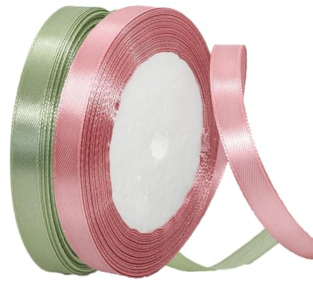 2 Rollen Satinband altrosa Grün 10mm Breit, Geschenkband Eukalyptus Grün und Altrosa Schleifenband hochzeit Stoff Satinbänder für Blumensträuße, Geschenkverpackung, Weihnachten und DIY Kunsthandwerk