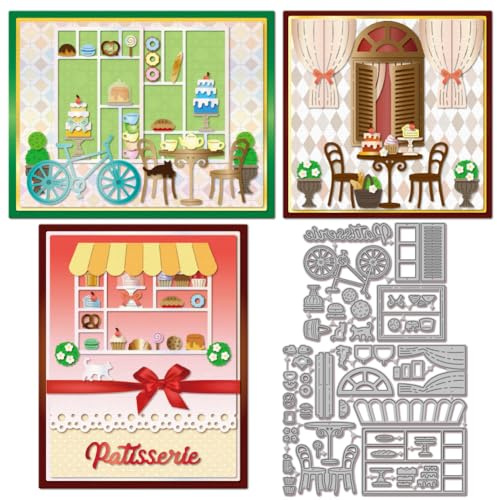 GLOBLELAND Bakery Cake Shop Cutting Dies for DIY Scrapbooking Metal Patisserie Bike Tables Chairs Cut Dies Cat Die Cuts for Card Making Embossing Photo Album Craft Decor
