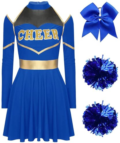 ZNJAMN Cheerleader KostüM Cheerleader-Kostüm for Damen und Erwachsene, Halloween-Cheerleading-Uniform, langärmliges Cheer-Up-Tanzkleid mit Haargummi und Pom-Poms FüR MäDchen(Blue A,XXL)