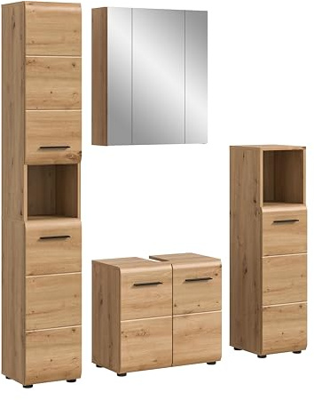 xonox.home – 4 TLG. Badkombination Ice 150x185x30 cm in Korpus und Front Artisan Oak Nachbildung – Moderne Badezimmermöbel Kombination – stilvoll, kompakt & vielseitig einsetzbar