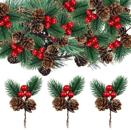 Smdbzda 20 Pièces Branches de Sapin Artificielles avec Baies et Pommes de Pin, Branches de Pin Artificielles de Noël, pour Artisanat Cadeaux Emballage Couronnes Guirlandes Hiver Noel Décorations