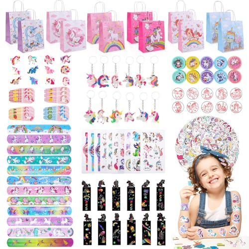 Unicorn Party Bags Fillers for Kids- 192PCS Girls Party Favours with Unicorn Hair Clips Slap Bracelets Scratch Paintings Stamps Rings Keychains Tattoos Stickers Gift Bags Pinata Fillers for Parties