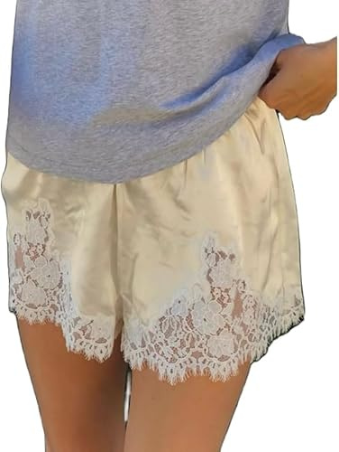 Micro Lace Trim Shorts Women Silk Satin Y2k Pj Half Slips Low Rise Elastic Waist Cute Teen Girl Lounge Sleep Mini Boxer French Knickers Coquette Sleepwear Comfy Pajamas Bottoms (Champagne, L)