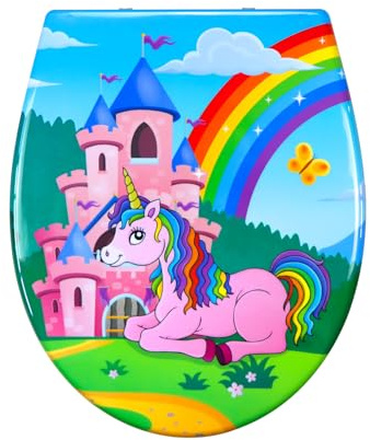 Fanmitrk Abattant WC avec système d'abaissement automatique, couvercle de toilette en Duroplast avec fermeture rapide, montage par le haut (licorne)