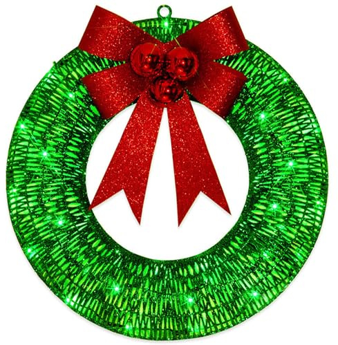 Corona navideña con Luces y Arco, Corona de Puerta Artificial de Marco de Metal Verde de 11.81 Pulgadas para Puerta de Entrada al Aire Libre, decoración del hogar Interior