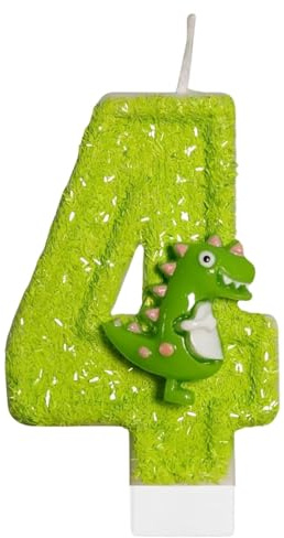 DazzJoy Dino Geburtstagskerzen Zahlen 4, Dino Kerze 4 Geburtstag Junge, Dinosaurier Geburtstagskerze 4 Jahre Jungen, Dino Tortendeko Geburtstag 4 Jahre Junge, Kerzen Zahlen 4 Grün(ca.7,2cm)
