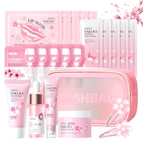 Sakura Ensemble de Soins de la Peau 21 Pièces,Avec nettoyant,Crème,Sérum,Sérum pour les yeux,Masque de boue,Masque de sommeil et Accessoires,Kit de Soins de La Peau Hydratants