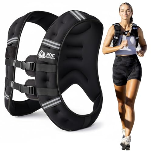 Roc Outdoors Weighted Vest W/ Rub-Free Technology for Woman and Men, 5lb/10lb/15lb/20lb/30lb Weight Vest with Reflective Stripe for Workout, Strength Training, Running, Walking, Fitness, Weight Training, Weight Loss, Weightlifting (Black, 15lb)