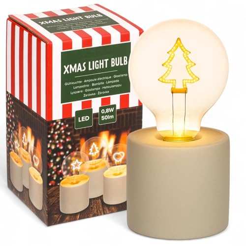 MIJOMA LED Tischlampe mit Motiv-Leuchtmittel – Stimmungslicht mit Betonfuß – batteriebetrieben – Dekoleuchte für Innen – 8,5x16 cm – warmweißes Licht (Tannenbaum)