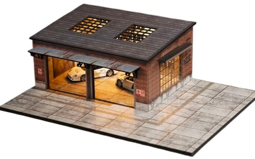 NUEIOVRW Modèle de garage diorama 1/64, éclairage LED japonais scène de parking scène, boîtier d'affichage de garage de voiture, vitrine de voiture, cadeau de collection (Old Factory)