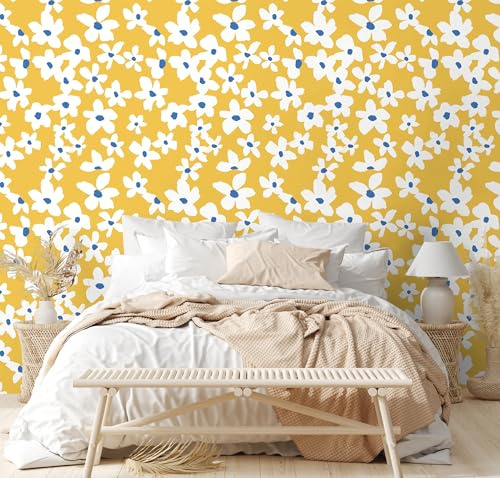 Selbstklebende Tapete Gelb Blumen, 44.5 x 500cm Blumentapete Klebefolie Blau Weiss Blumen Pflanzen Tapete Boho Klebetapete Möbelfolie Selbstklebend für Badezimmer Wohnzimmer Schlafzimmer Küche