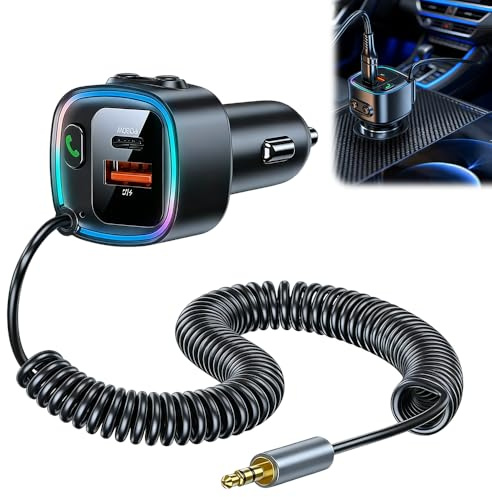 NAVESO Adattatore Bluetooth Aux auto, USB C Aux Bluetooth 5.4, adattatore per auto, accendisigari con cavo a spirale, jack da 3,5 mm, caricatore rapido per auto, accendisigari con PD 30 W e QC 12 W