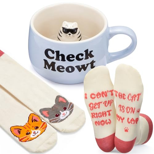 Nuenen 2 Pezzi Set di Tazza da Caffè con Piccola Animali 3D all'Interno Calzini Divertenti Unisex Tazzina con Figurina Fatta a Mano per Tè Latte Regalo per Donna Uomo Amici Compleanno(Gatto)