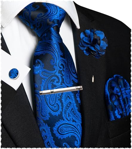 JEMYGINS Paisley Stickerei Design Krawatte Set Herren Einstecktuch Krawattenklammer Manschettenknöpfe Ansteckblume für Hochzeit Party Business Mehrfarbig