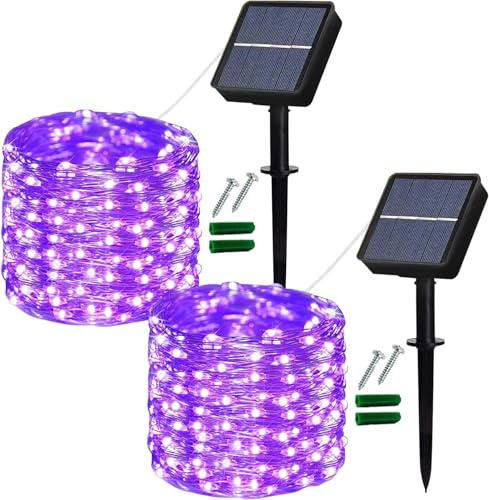Lezonic Stringa di luci solari per esterni, 12 m, 120 LED, 8 modalità, filo di rame, impermeabile, per interni/esterni, casa, patio, recinzione, feste, matrimoni, decorazione (viola)
