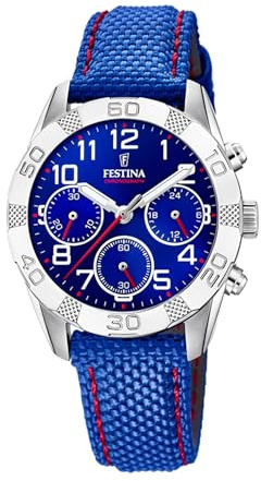 Festina Orologio Bambino Analogico Cinturino in Pelle Blu - Quarzo Cronografo - Vetro minerale alta resistenza - Impermeabile 5 ATM - Classico F20346/2 - Junior Collection
