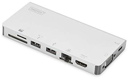 Digitus da 70866 USB Type C Multi Port Travel Dock, 8 Port 4 K, HDMI, VGA, 2 X USB C, 2 X USB3.0, RJ45, MicroSD, SD/MMC Argento