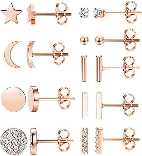 YADOCA 9 Pairs Edelstahl Ohrringe Ohrstecker Set für Damen Mädchen Star Mond Bar Ball Ohrringe CZ Knorpel Helix Ohr Piercing Tragus Ohrstecker Silber Roségold