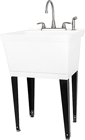 Utility Sink Laundry Tub with Gooseneck Faucet by JS Jackson Supplies, Heavy Duty Sinks for Basement, Laundry Room, Garage or Shop, Large Standing Wash Station (Stainless Steel Faucet)