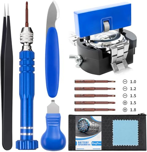 EasyTime Watch Battery Replacement Tool Kit Professional Watch Repair Toolkit and Back Remover Set with Adjustable Case Opener, Tweezers, Screwdriver and Instructions
