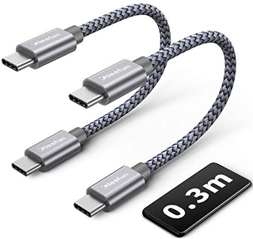 CLEEFUN Short USB C to USB C Cable[0.3M,2-Pack], 60W USB Type C Fast Charging Car Charger Lead for iPhone Air/17/16/15 Plus,MacBook/iPad Air Pro,Galaxy S/A Series,Android Auto,PS5,iWatch,Power Bank