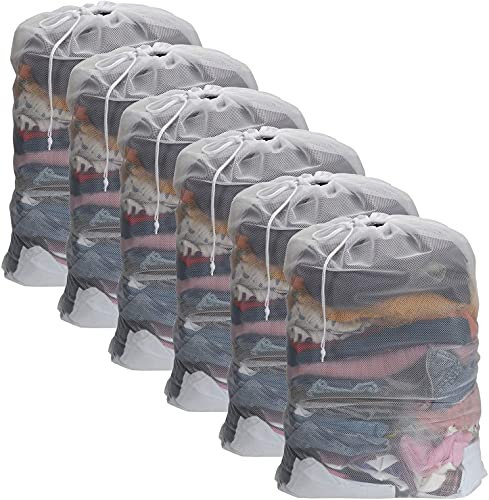 WUWEOT 6 Pack 60 x 90 cm Sturdy Coarse Mesh Laundry Bags, Large Drawstring Laundry Bag Durable Machine Washable Storage Bag for College, Dorm and Apartment Dwellers, White