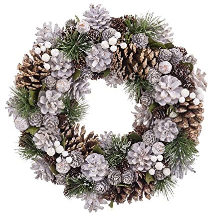 Corona de Navidad artificial con piñas naturales color blanco de 34 cm | Adorno sutil y nevado perfecto para puertas, paredes o centros de mesa. Aporta textura y un espíritu invernal muy hogareño.