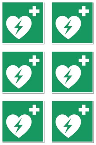 Automatisierter Externer Defibrillator (AED), Rettungszeichen: E010 - DIN EN ISO 7010 / ASR A1.3 - Aufkleber: 5 cm, 6 Stück