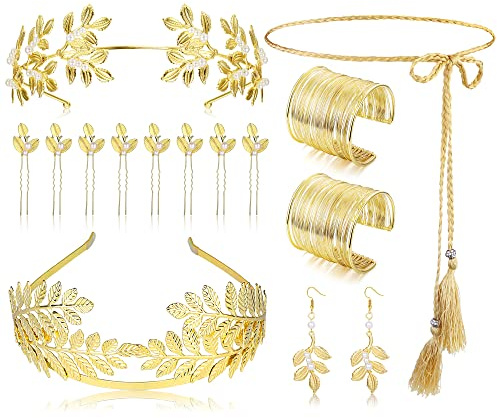 Milacolato Dea Greca Costume Accessori Parure Gioielli per Donna d'oro Alloro Foglie Corona Braccio Bobina Bracciale Capelli Copricapo Orecchini Toga Waist Chain Bigiotteria Festa Halloween 14B