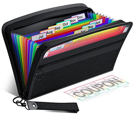 ThinkTex Quittung Coupon Organizer, 12 Taschen kleine Akkordeon-Datei Veranstalter, klein Größe 28 x 15 cm, Reißverschluss, Bunt Etiketten