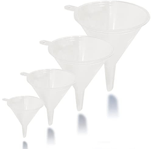Liqvee Funnel Transparent in 4 Different Sizes (122, 101, 76 & 50mm) Non-Toxic Food Grade Plastic -Funnels for Filling Bottles or Containers with Holders – Funnel Kitchen ideal for Garage & Labs