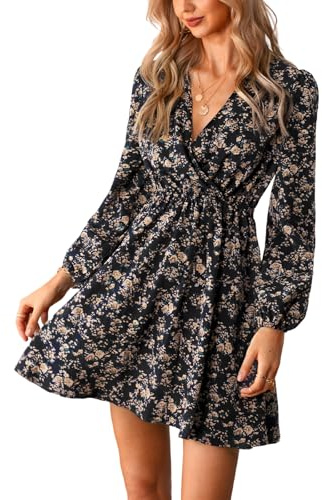 CUPSHE Damen Kleid V Ausschnitt Wickeloptik Langarm Blumenmuster A Linien Freizeitkleider Chiffon Wrap Mini Dress Schwarz L