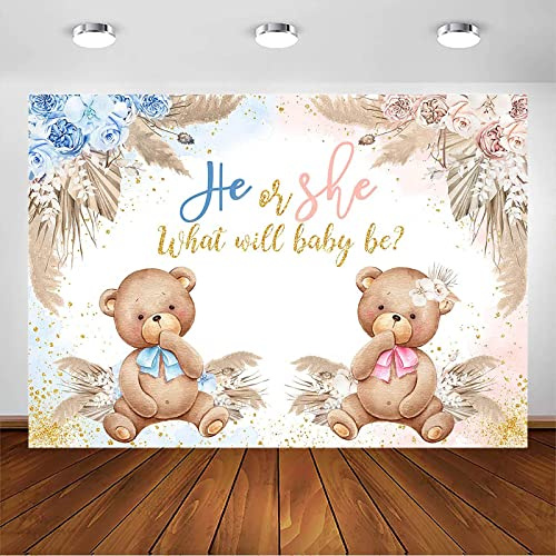 Avezano Boho Bear Hintergrund für Sie oder Ihn, Boho Party Dekoration, Rosa Blau Pampasgras Hintergrund für Fotoshootings (2,1 x 1,5 m)