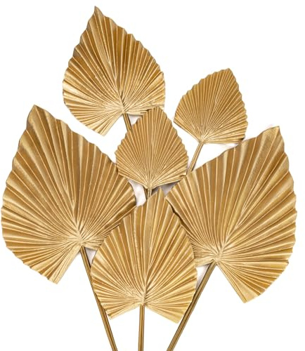 6 Pcs Pu Foam Artificial Golden Leaf Faux Palm Tropical Leaves Fake Palm Fronds for DIY Wedding Bouquets Fake Leaves for Centerpieces Arrangements Bridal Shower Leaf Stem for Party Home Decor-Gold