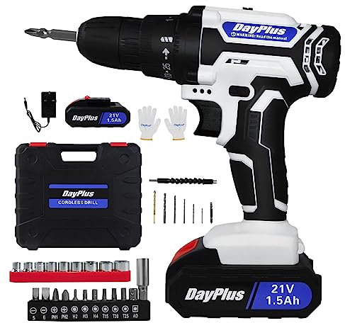 VickyHome 21V Cordless Power Drill Set, 2 Speed Electric Screwdriver Drill, 45NM Torque Battery Power Combi Drill, LED Work Light, Spirit Level, 3/8 Keyless Chuck, 26PCS Drill Bits, Carry Case
