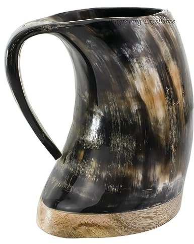 Charles Hendon Viking Norse Cup - Genuine Ox Horn Drinking Horn with Wood Base - Ale Beer Tankards, Wine Goblet, Approx 350-450 ml Gifts for Him