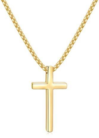 Fiusem 14k Gold Plated Mens Cross Necklaces, 2.5mm Cross Chain and Stainless Steel Cross Pendant Small, Box Chain 20 Inch