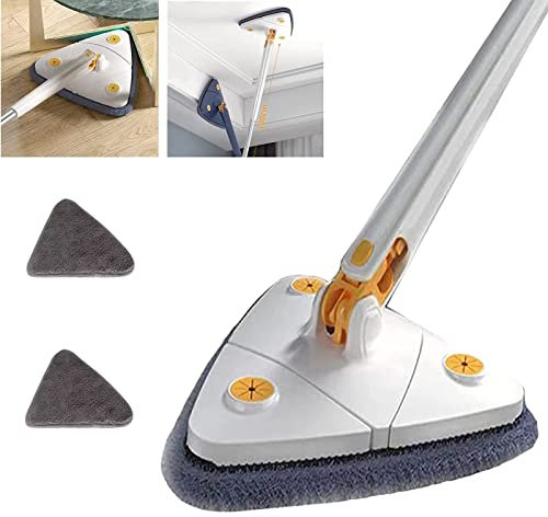 Fregona de Limpieza Ajustable giratoria de 360 °, fregona de limpieza triangular con función automática de exprimir agua, para limpiar paredes, techos, ventanas（Fregona Triangular Blanca (2 Telas)）