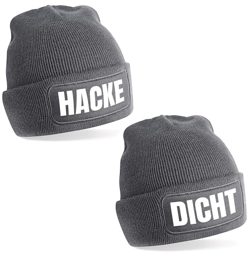 Herzbotschaft 2er Set Beanie Strickmütze mit Spruch | Hacke Dicht | Farbwahl | Unisex SoftTouch angenehm weiche und warme Wintermütze | OneSize Einheitsgröße für Erwachsene