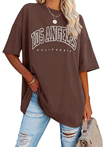 Ebifin Oversize T Shirt da Donna Vintage a Maniche Corte, Scollo Rotondo, Los Angeles, Top Casual, Casual, Basic Estivo., caffè, L