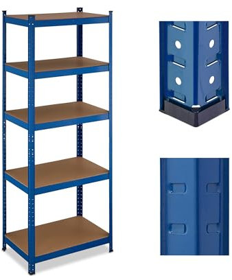 Relaxdays Schwerlastregal, HBT 180x70x45 cm, 500 kg, Stahl & MDF, 5 Ebenen, Lagerregal zum Stecken, Keller, Garage, blau